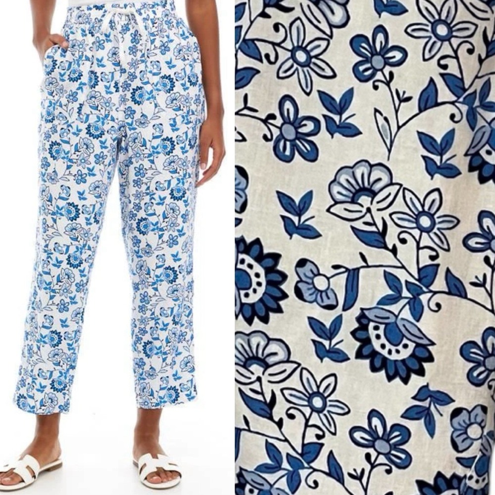 Kim Rogers Blue White Floral Linen Pull on‎ Crop Pant Coastal Resort Beach XXL